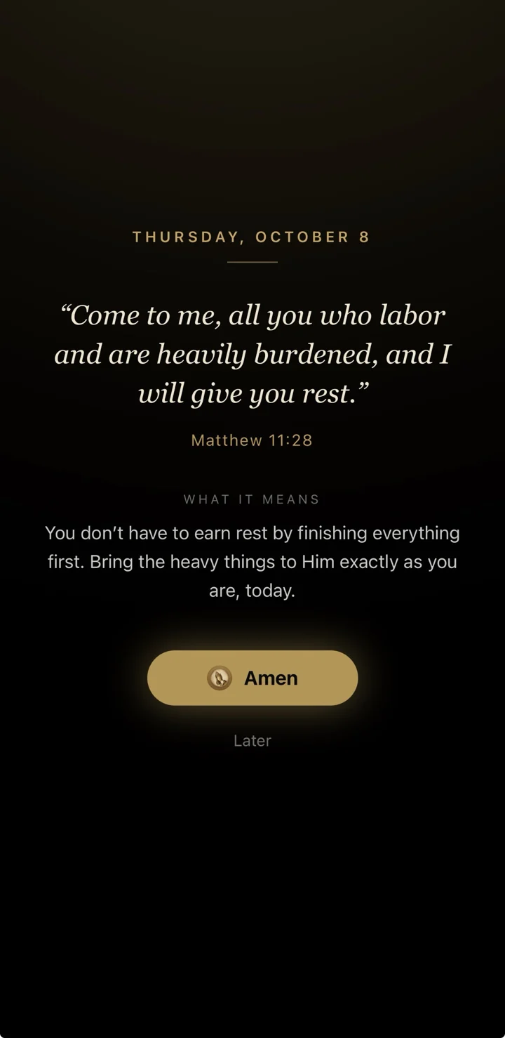 Jireh app verse of the day screen showing Matthew 11:28 with an Amen button