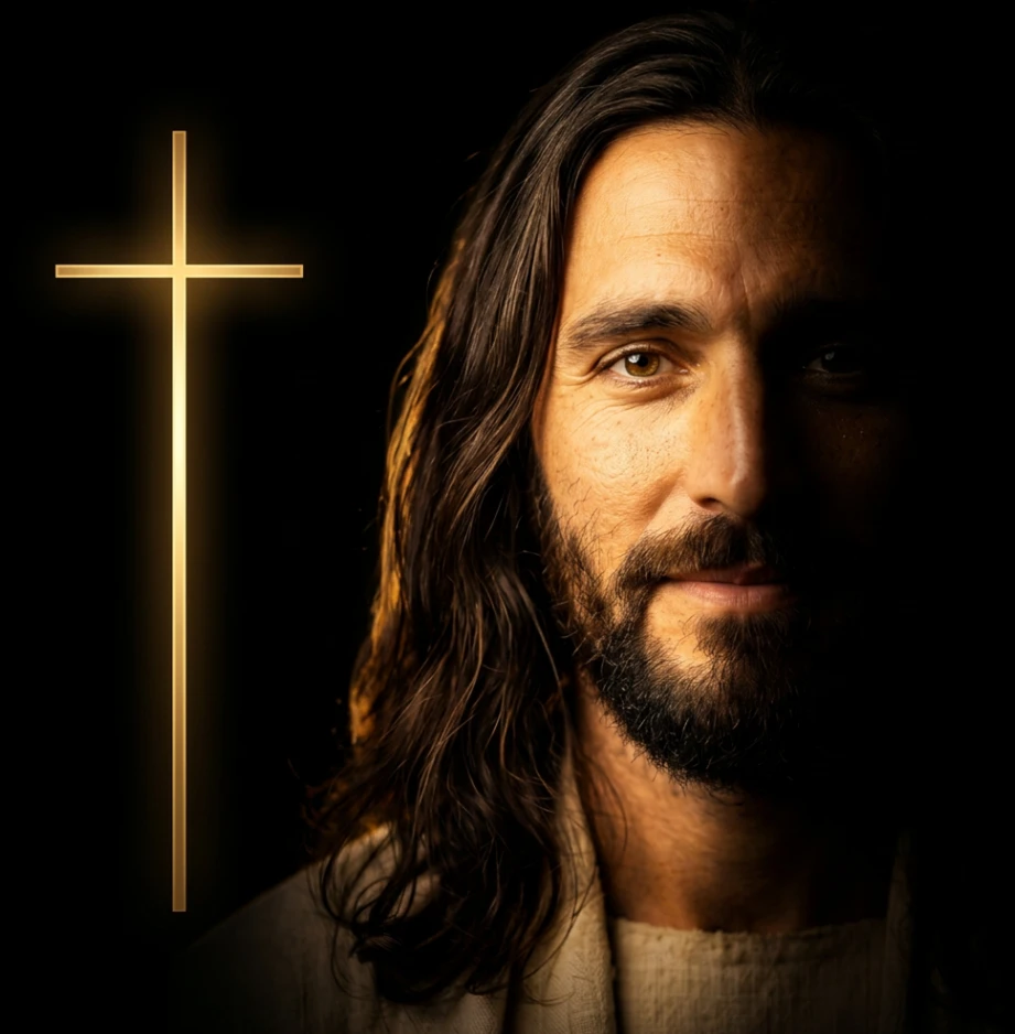 Portrait of Jesus in warm golden light beside a glowing cross